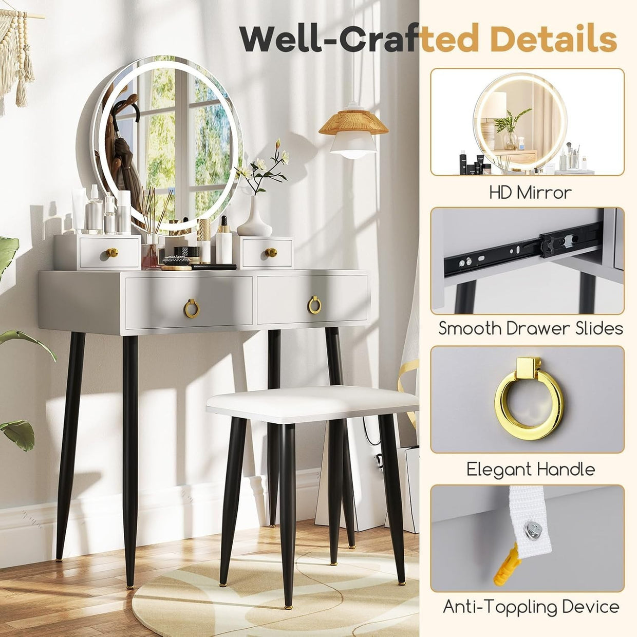 Makeup Vanity Table Set w/ 3 - Color LED Mirror 4 Drawers Desk Stool Grey/Black - Kwikley