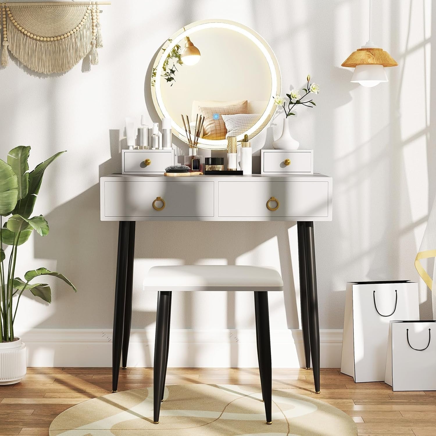 Makeup Vanity Table Set w/ 3 - Color LED Mirror 4 Drawers Desk Stool Grey/Black - Kwikley