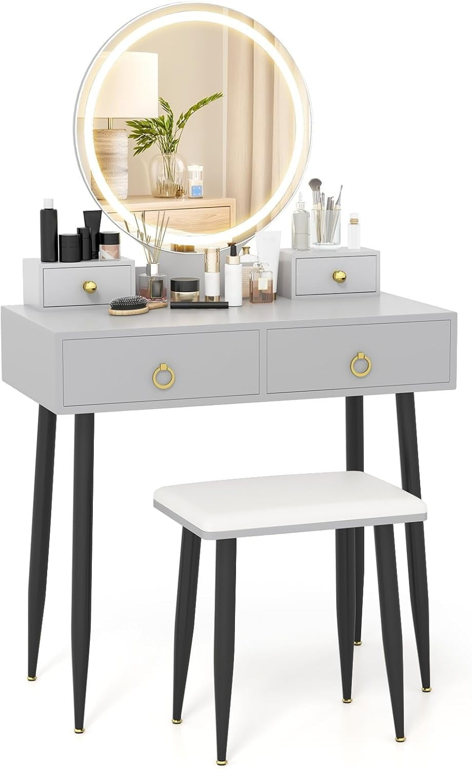 Makeup Vanity Table Set w/ 3 - Color LED Mirror 4 Drawers Desk Stool Grey/Black - Kwikley