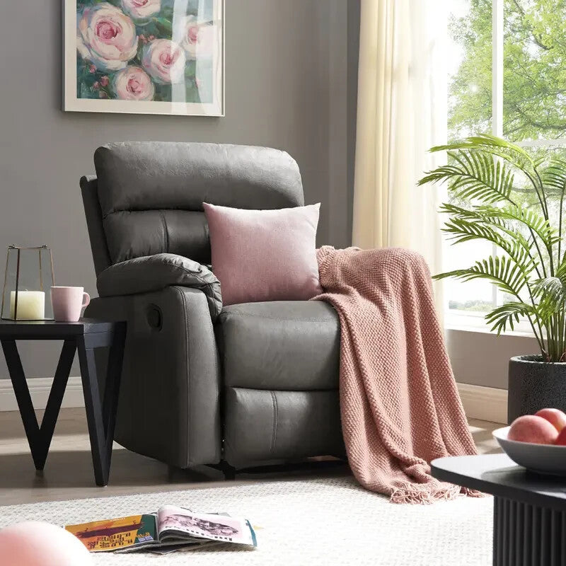 Manual Recliner Armchair Grey Air Leather Padded Lounge Chair Sofa - Kwikley