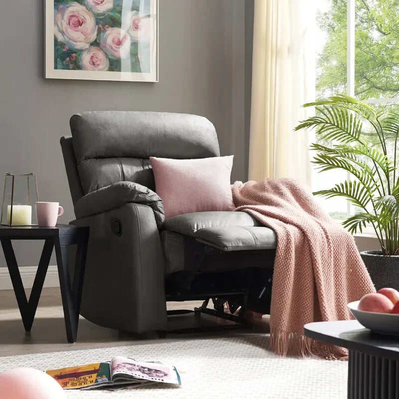 Manual Recliner Armchair Grey Air Leather Padded Lounge Chair Sofa - Kwikley