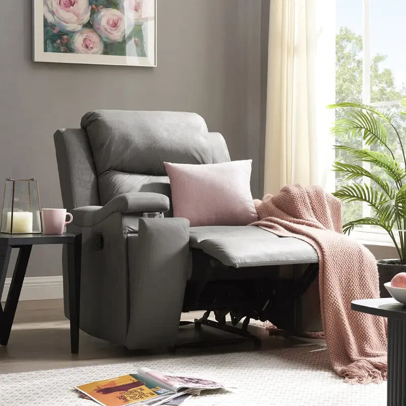 Manual Recliner Armchair Grey Faux Leather Sofa Chair with Cup Holders - Kwikley