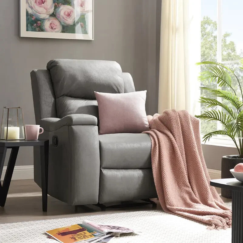 Manual Recliner Armchair Grey Faux Leather Sofa Chair with Cup Holders - Kwikley