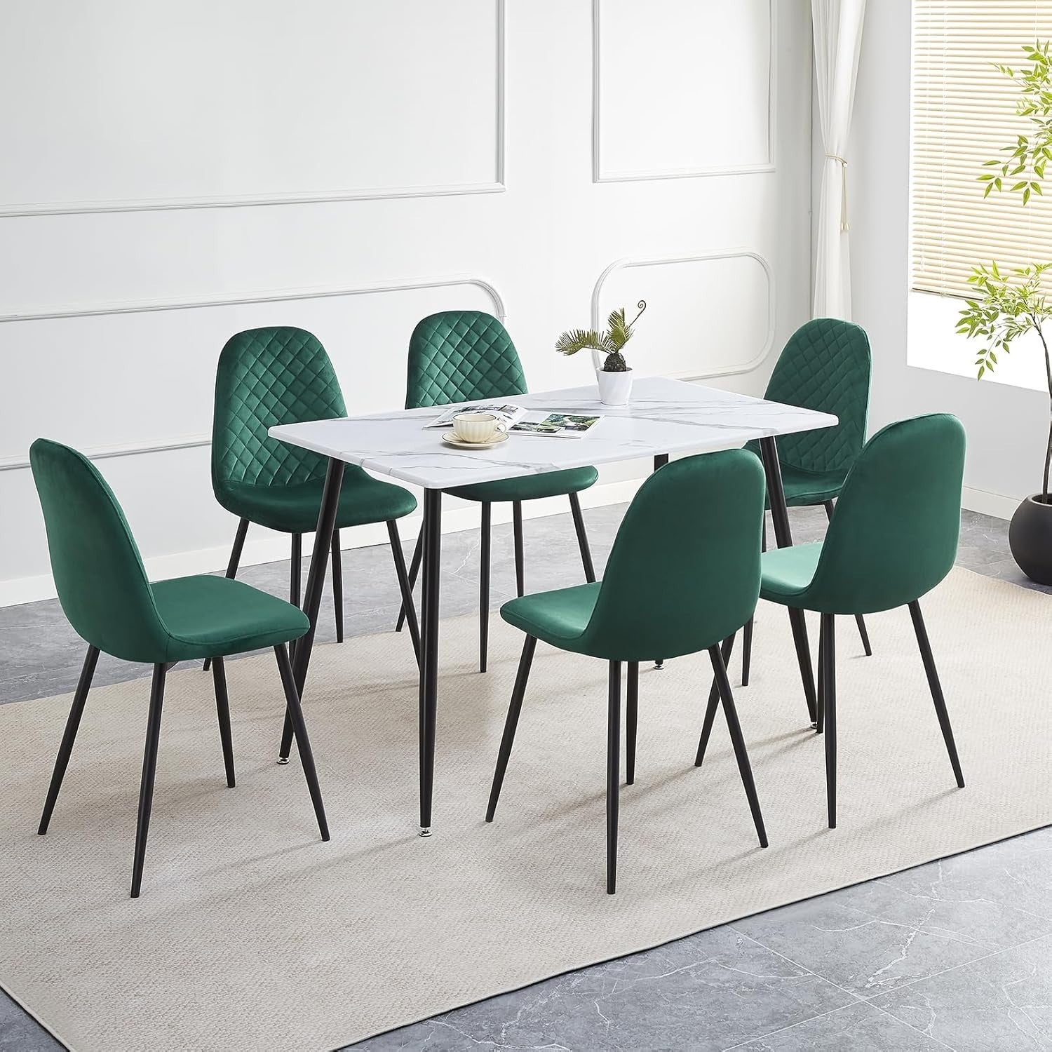 Marble Dining Table Set 6 Chairs Velvet Padded Modern Kitchen 120cm - Kwikley