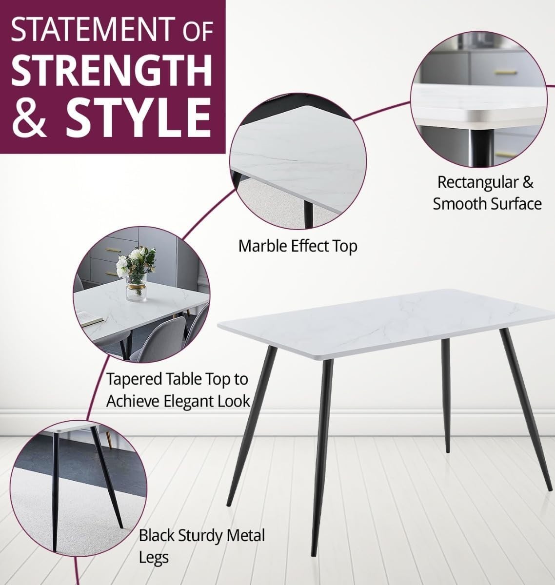 Marble Effect Dining Table & 4 Grey Chairs – Metal Legs, Modern Kitchen Set - Kwikley