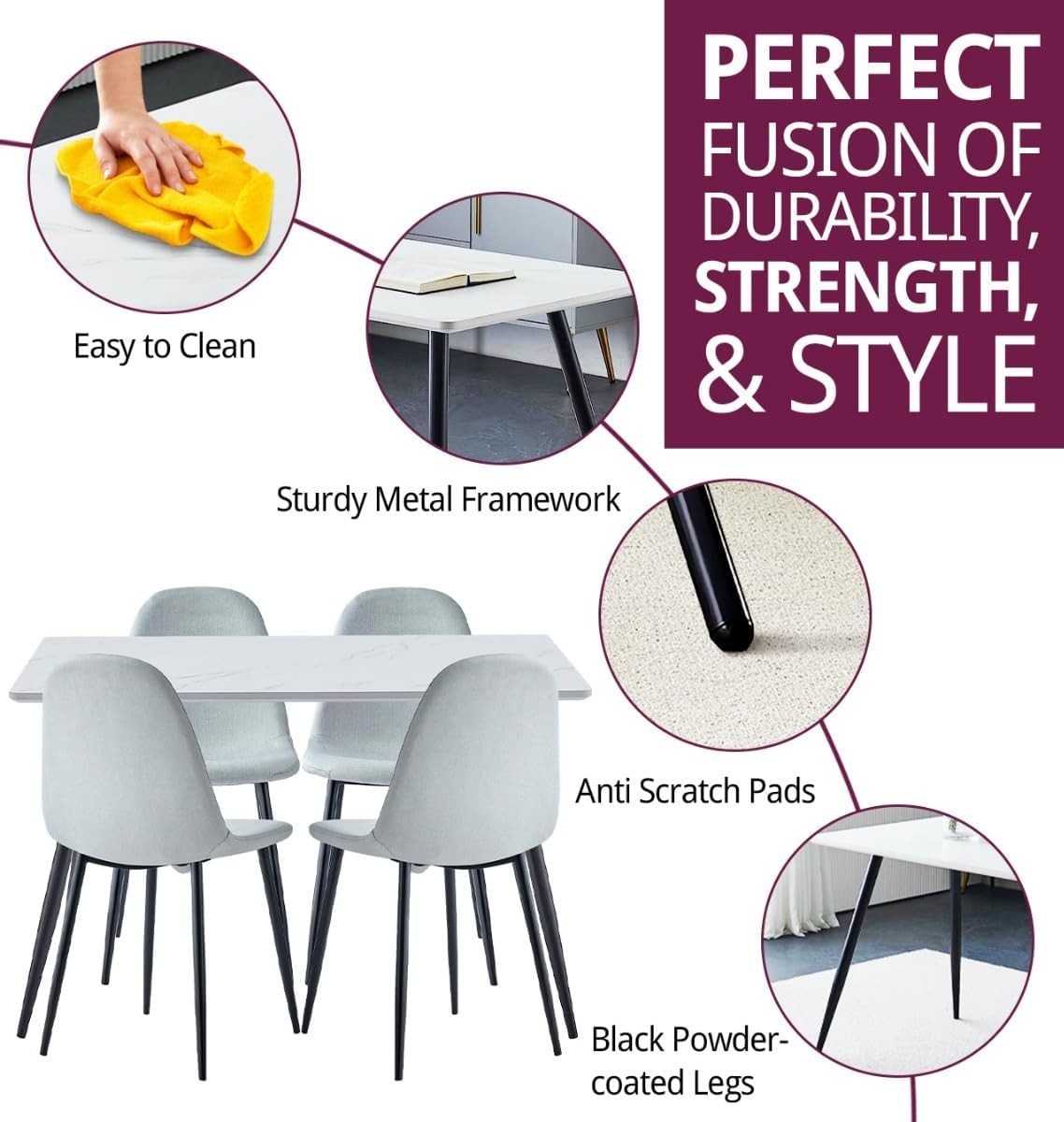 Marble Effect Dining Table & 4 Grey Chairs – Metal Legs, Modern Kitchen Set - Kwikley