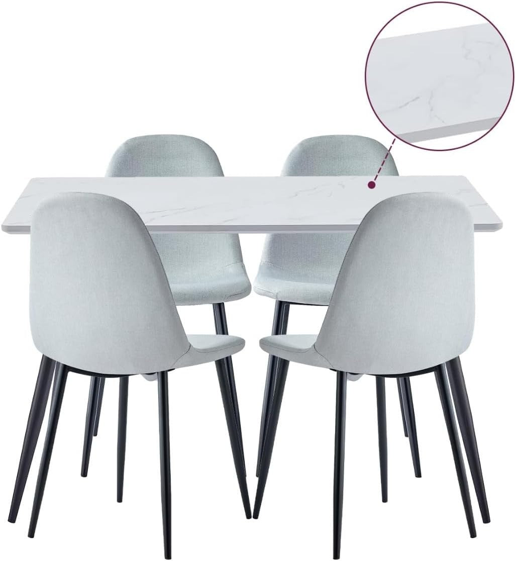 Marble Effect Dining Table & 4 Grey Chairs – Metal Legs, Modern Kitchen Set - Kwikley