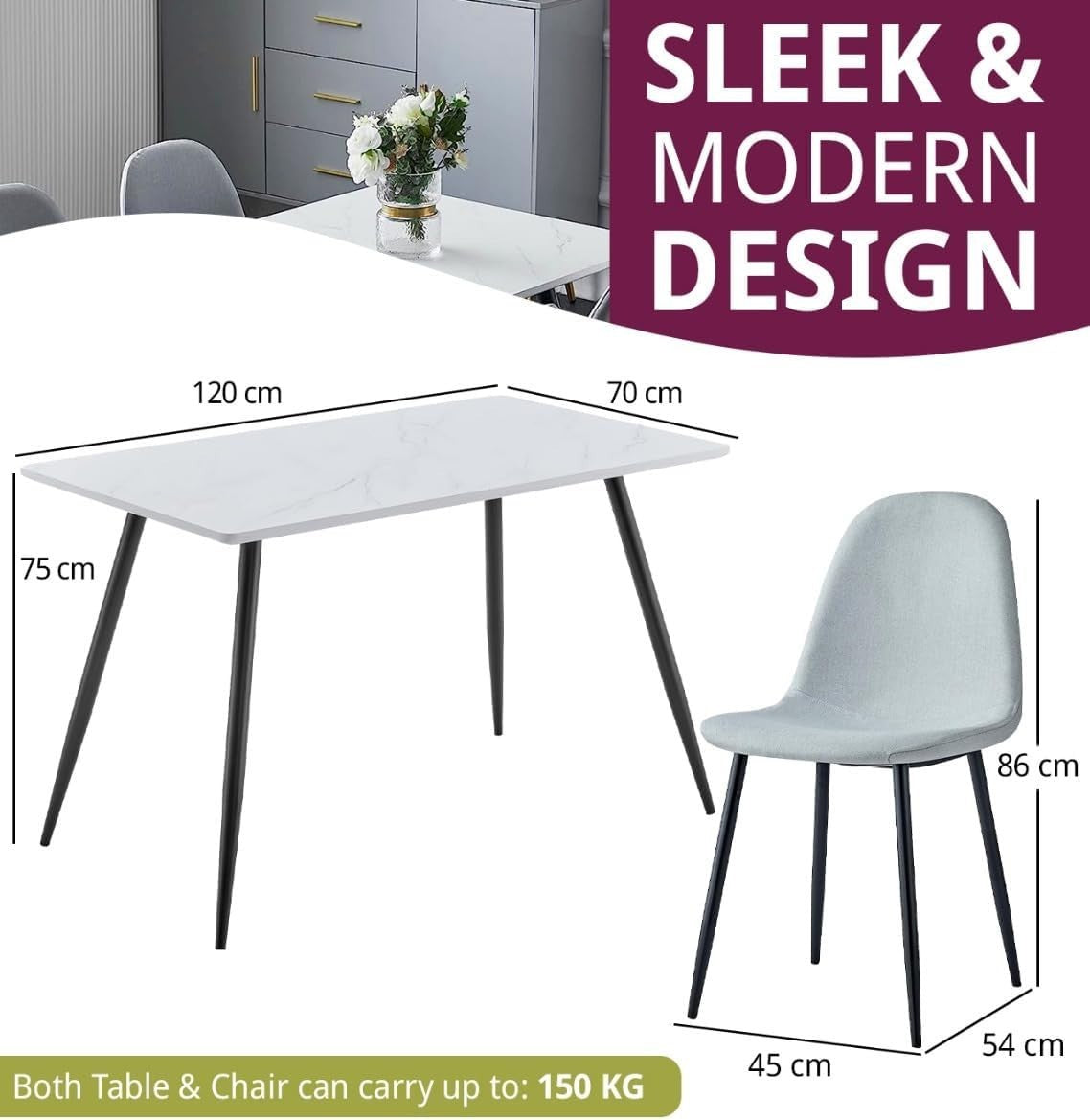 Marble Effect Dining Table & 4 Grey Chairs – Metal Legs, Modern Kitchen Set - Kwikley