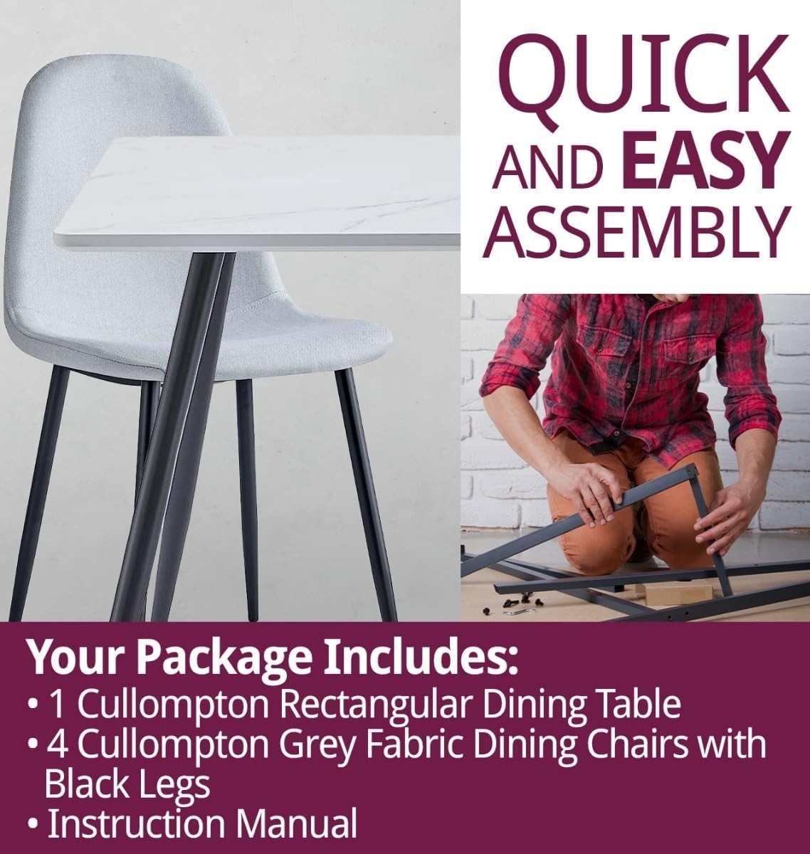 Marble Effect Dining Table & 4 Grey Chairs – Metal Legs, Modern Kitchen Set - Kwikley