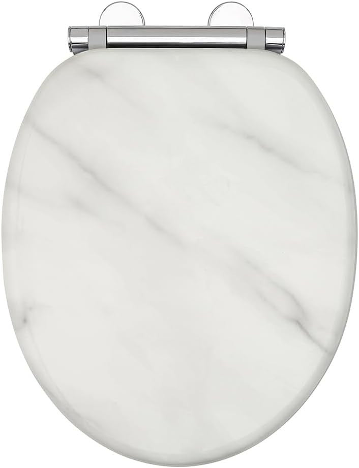 Marble Soft Close Toilet Seat Moulded Wood Stainless Steel Hinges 42x36cm - Kwikley