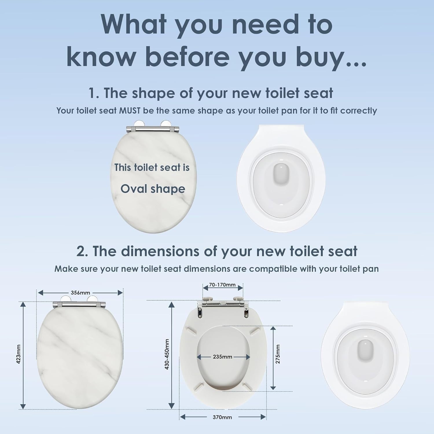 Marble Soft Close Toilet Seat Moulded Wood Stainless Steel Hinges 42x36cm - Kwikley