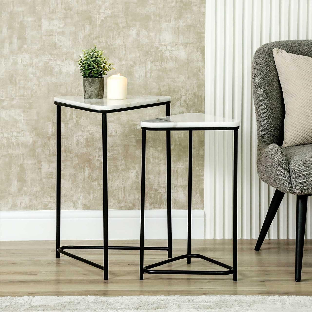 Marble Top Nesting End Table Set Small Coffee Side Accent Triangular New - Kwikley