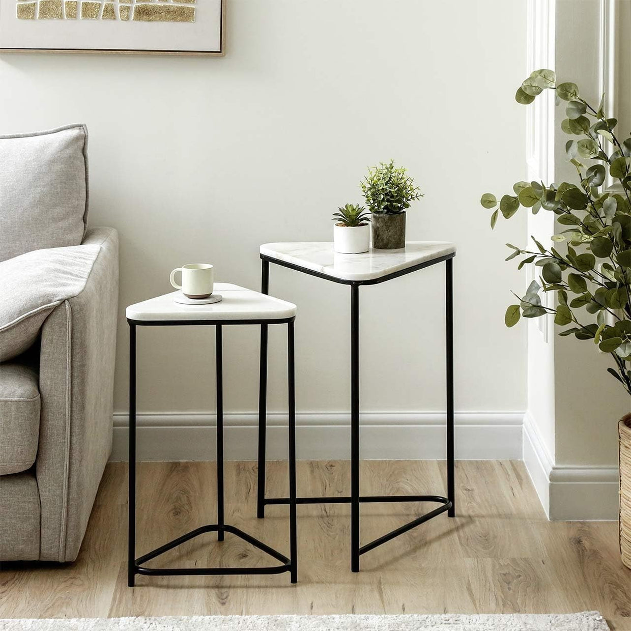 Marble Top Nesting End Table Set Small Coffee Side Accent Triangular New - Kwikley