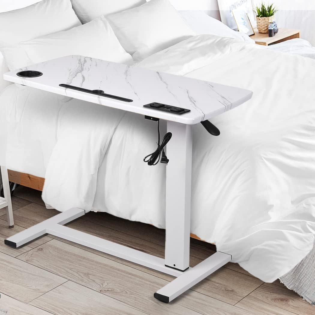 Marbleized 80x40cm Adjustable Overbed Desk with USB Ports & Hidden Wheels - Kwikley