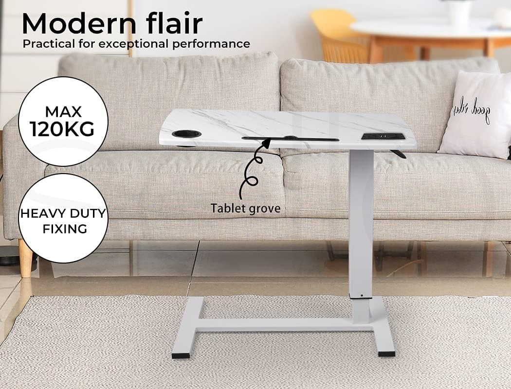 Marbleized 80x40cm Mobile Overbed Desk with USB Ports & Adjustable Height - Kwikley