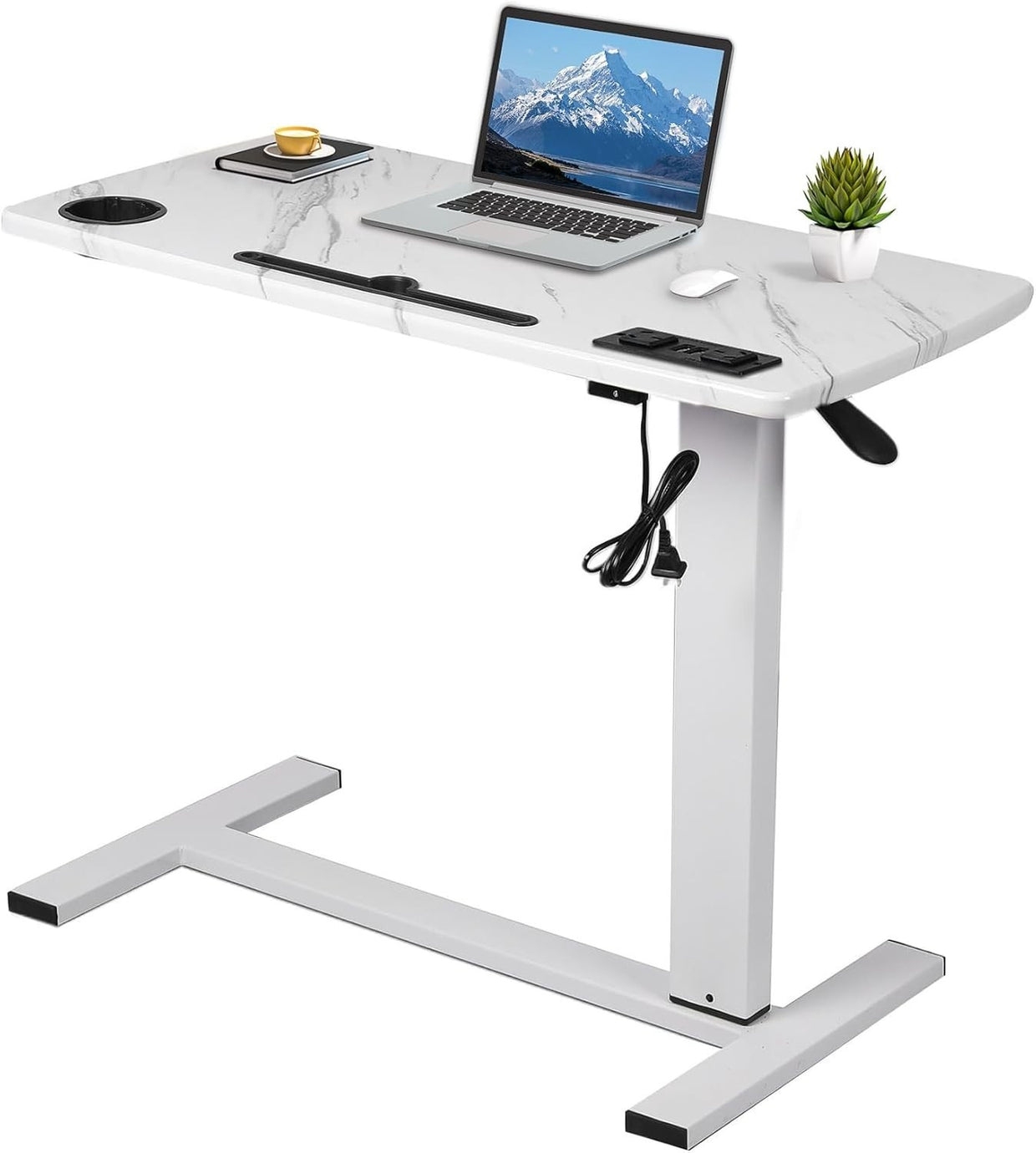 Marbleized 80x40cm Mobile Overbed Desk with USB Ports & Adjustable Height - Kwikley