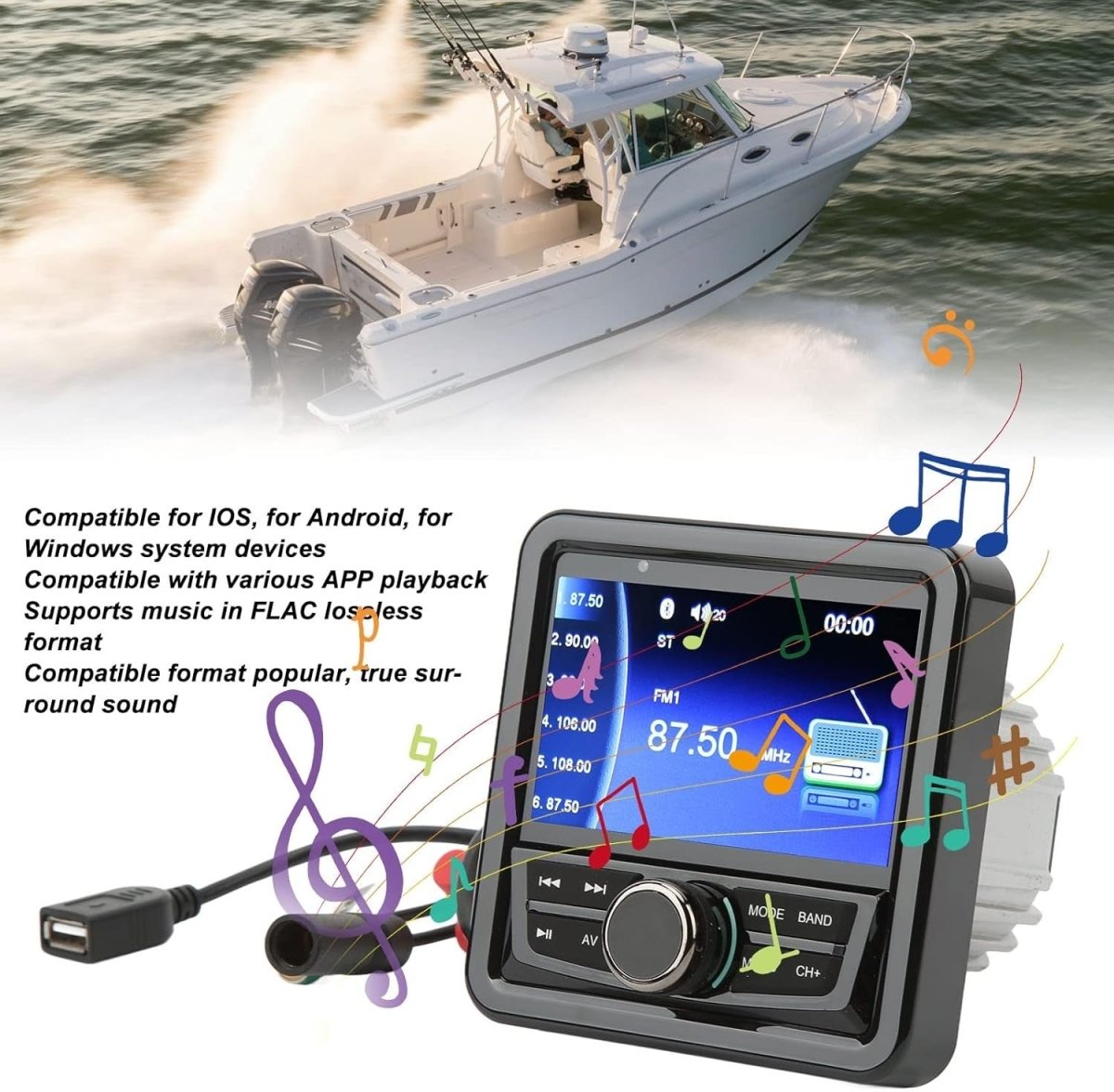 Marine Bluetooth Stereo Radio Waterproof Boat Audio Receiver FM AM - Kwikley