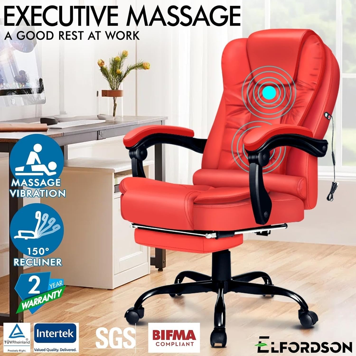 Massage Executive Office Chair Recliner Footrest Adjustable Height PU Leather - Kwikley