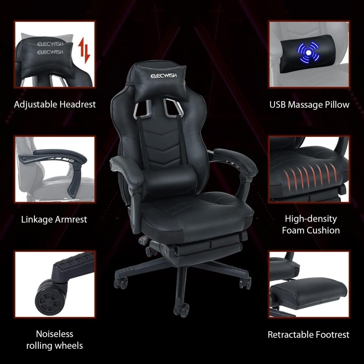 Massage Gaming Chair Recliner w/ Footrest PU Leather Big & Tall - Kwikley