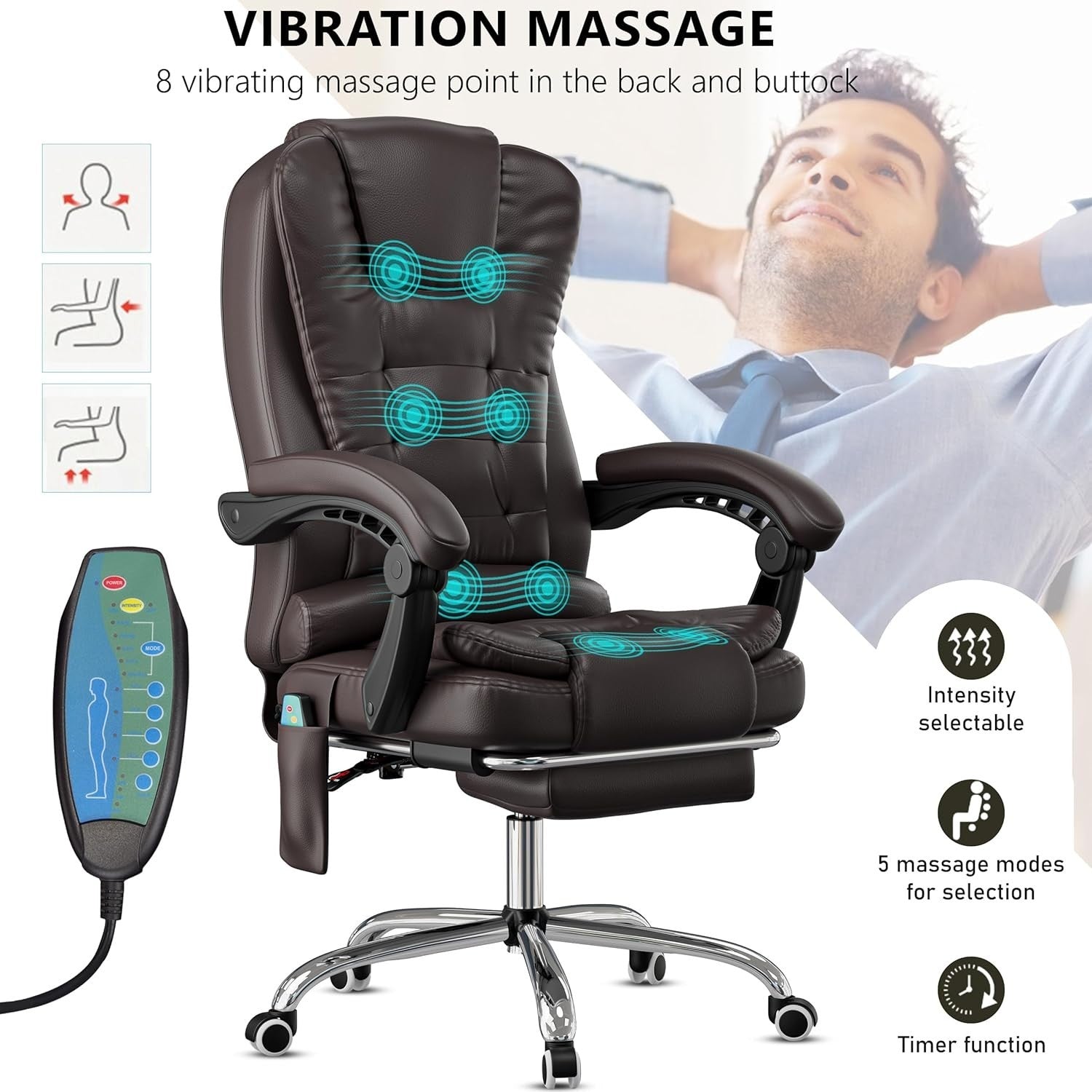 Massage Gaming Office Chair Recliner Faux Leather Desk Seat & Footrest Brown - Kwikley