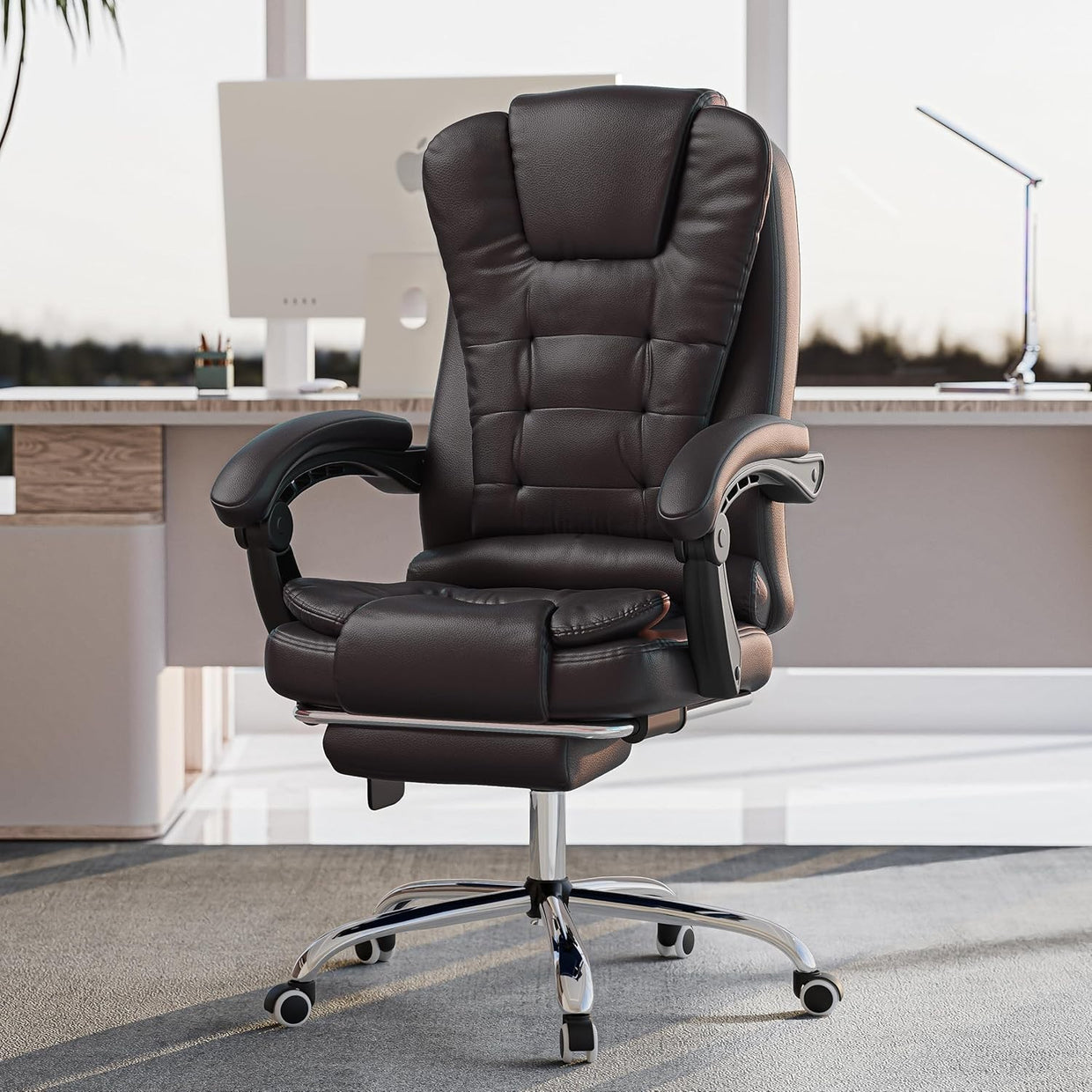Massage Gaming Office Chair Recliner Faux Leather Desk Seat & Footrest Brown - Kwikley