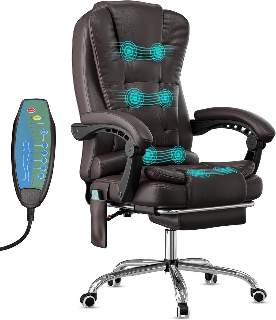 Massage Gaming Office Chair Recliner Faux Leather Desk Seat & Footrest Brown - Kwikley