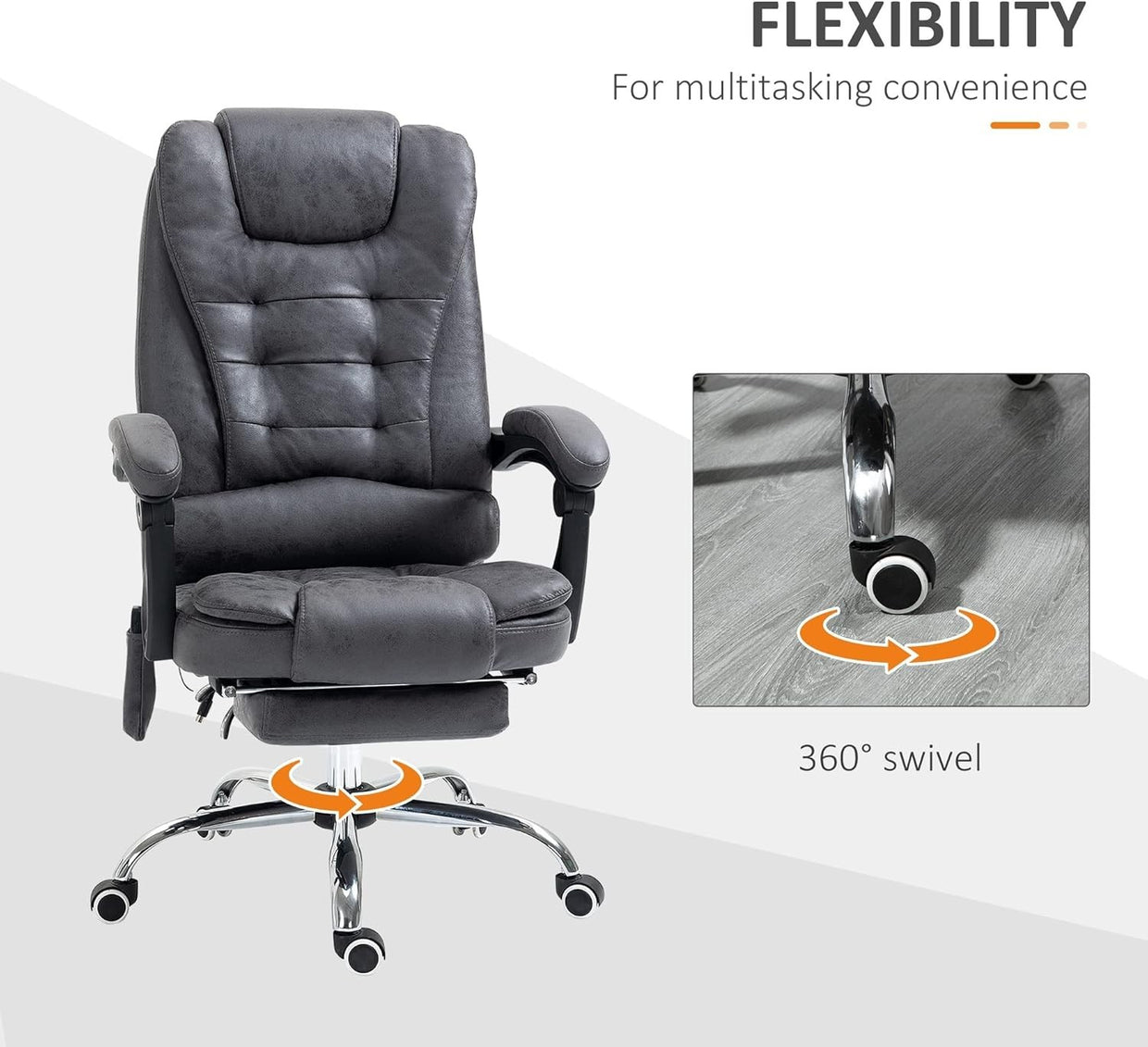 Massage Office Chair Recliner Heated High Back Dark Grey Faux Leather Rolling - Kwikley
