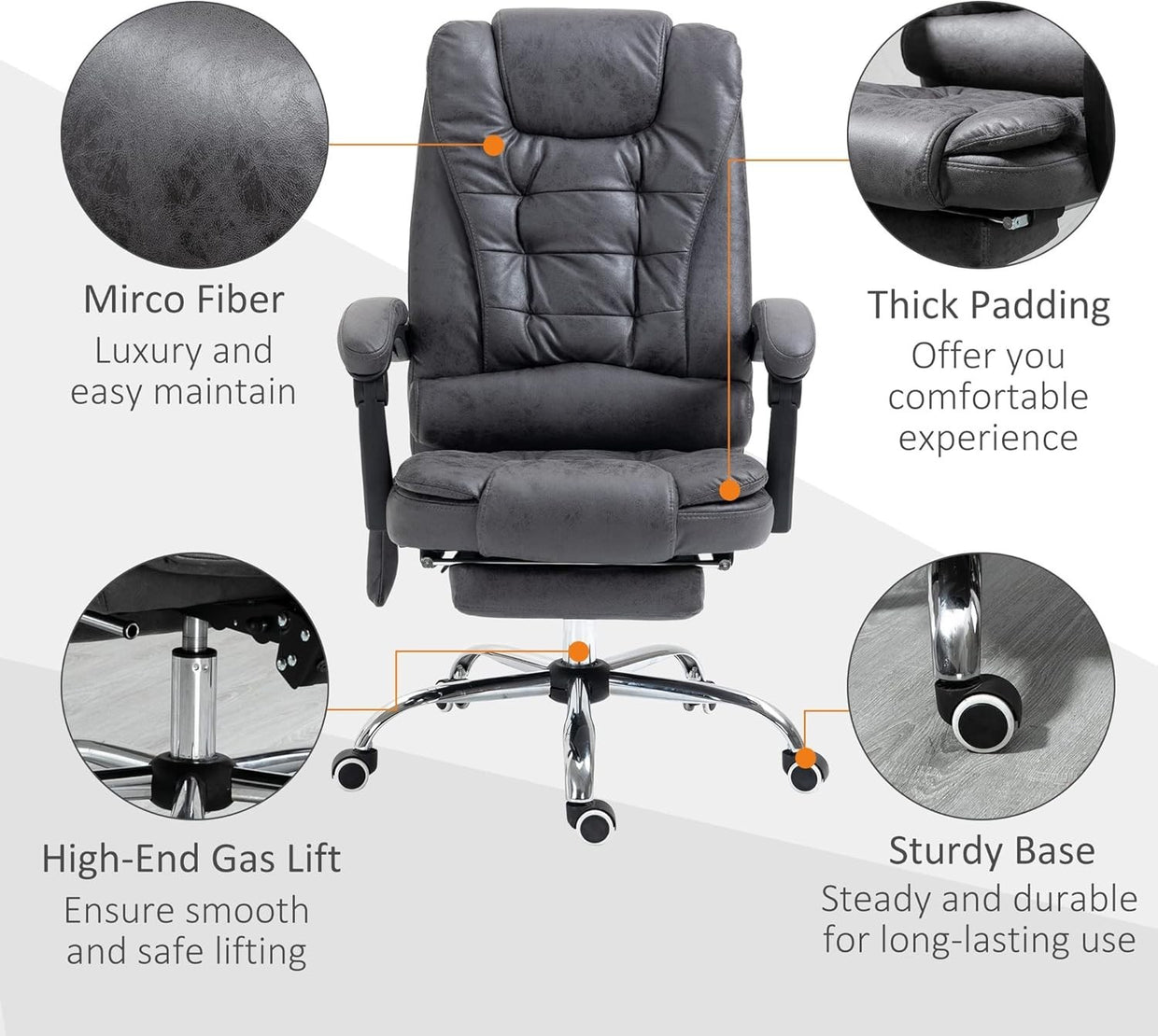 Massage Office Chair Recliner Heated High Back Dark Grey Faux Leather Rolling - Kwikley