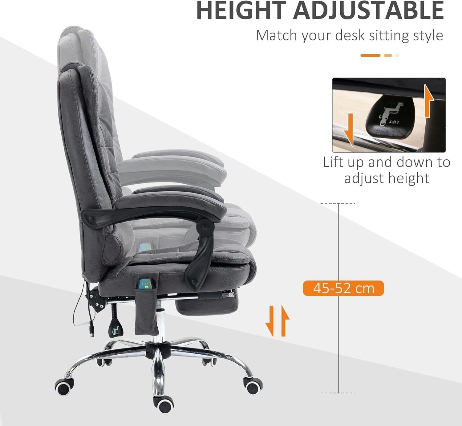 Massage Office Chair Recliner Heated High Back Dark Grey Faux Leather Rolling - Kwikley