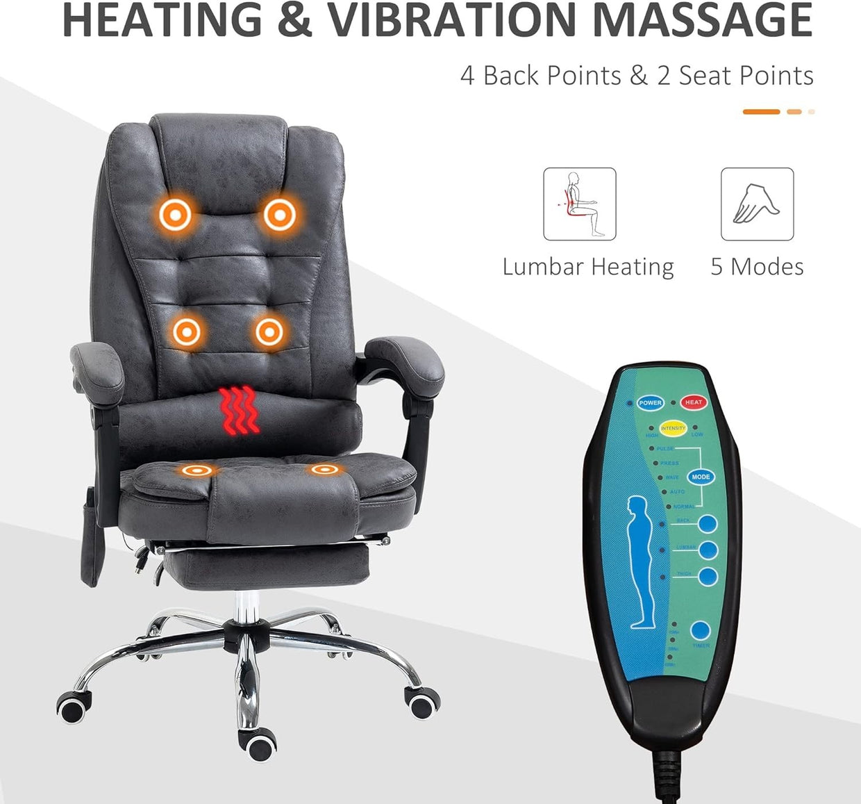 Massage Office Chair Recliner Heated High Back Dark Grey Faux Leather Rolling - Kwikley