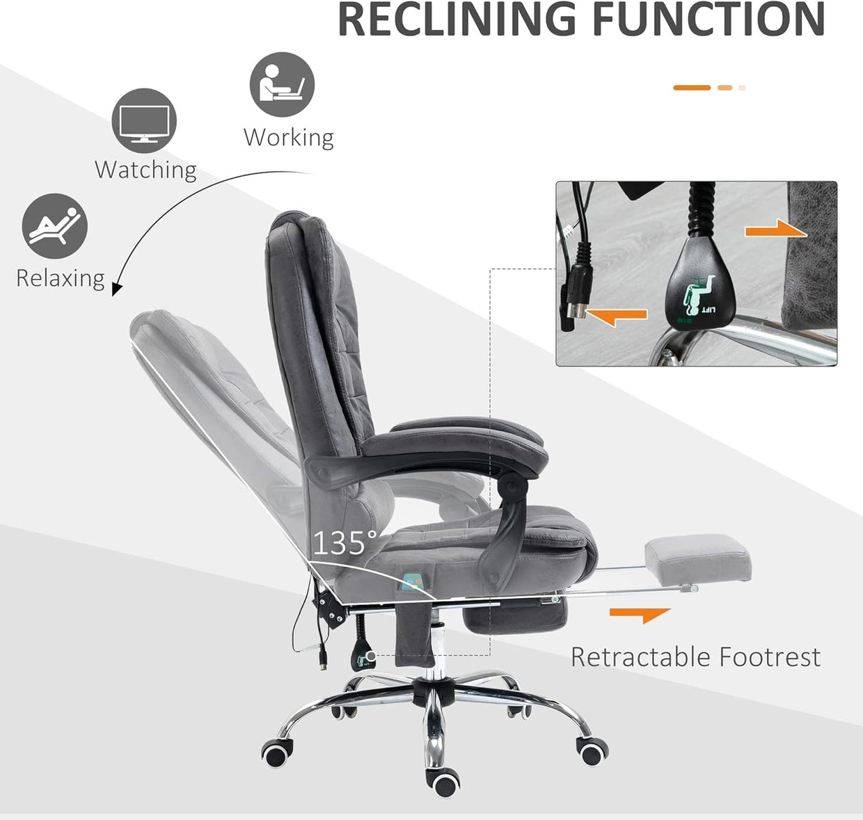 Massage Office Chair Recliner Heated High Back Dark Grey Faux Leather Rolling - Kwikley