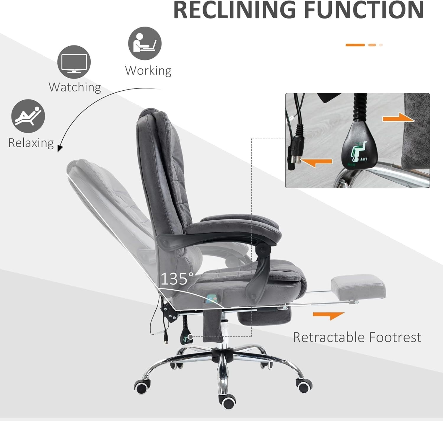 Massage Office Chair Recliner Heated High Back Dark Grey Faux Leather Rolling - Kwikley