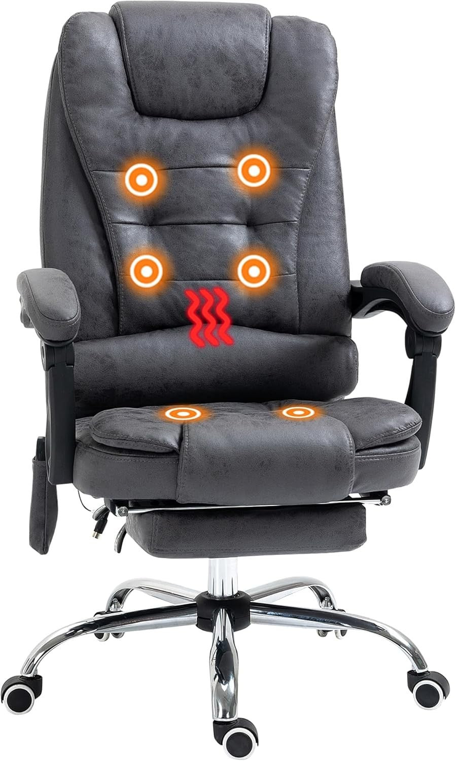 Massage Office Chair Recliner Heated High Back Dark Grey Faux Leather Rolling - Kwikley