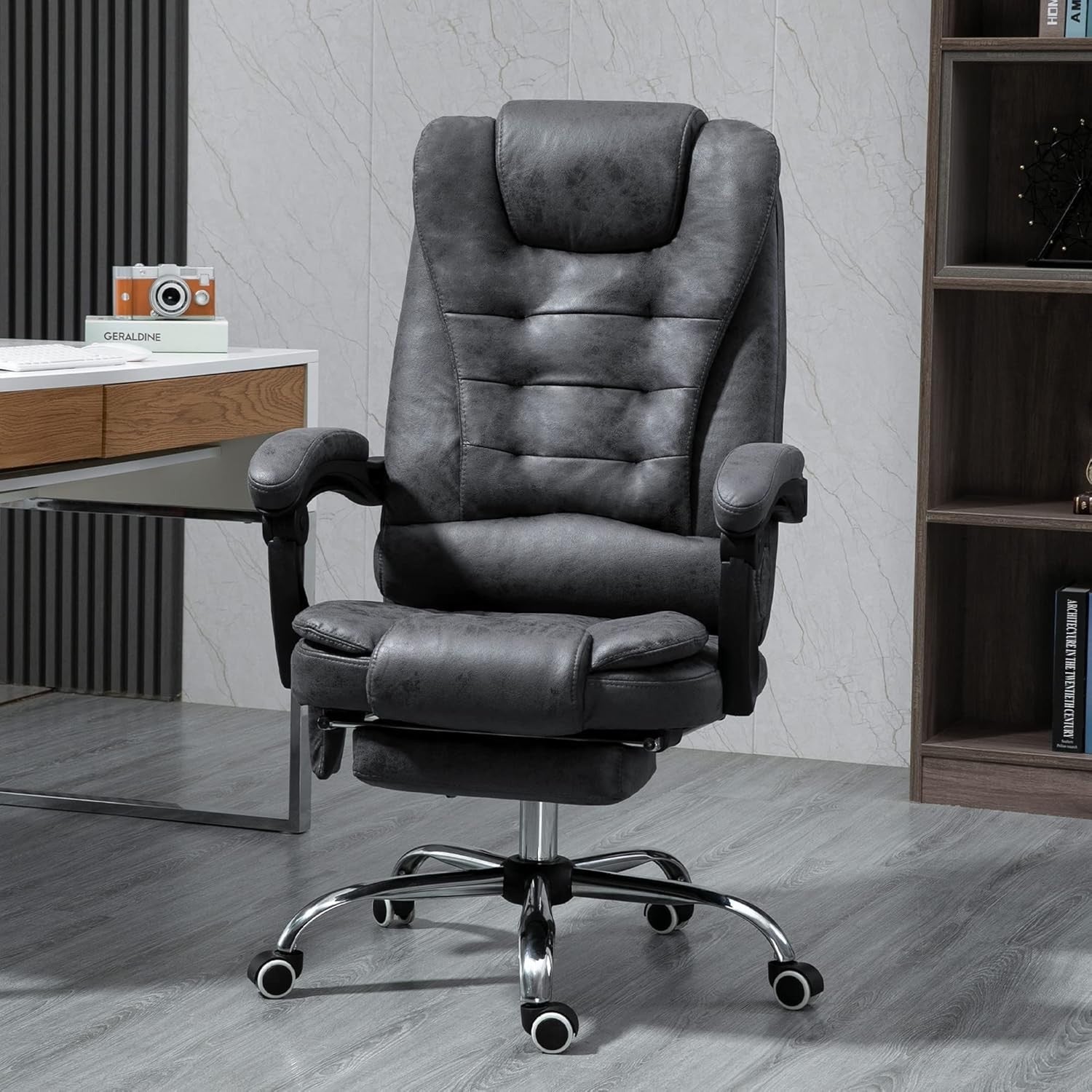 Massage Office Chair Recliner Heated High Back Dark Grey Faux Leather Rolling - Kwikley