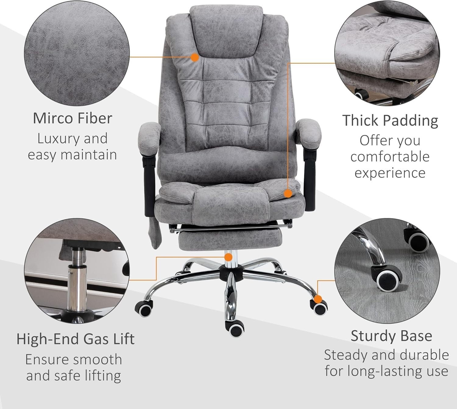 Massage Office Chair Recliner Heated Lumbar Support Desk PC Gaming Seat Grey - Kwikley