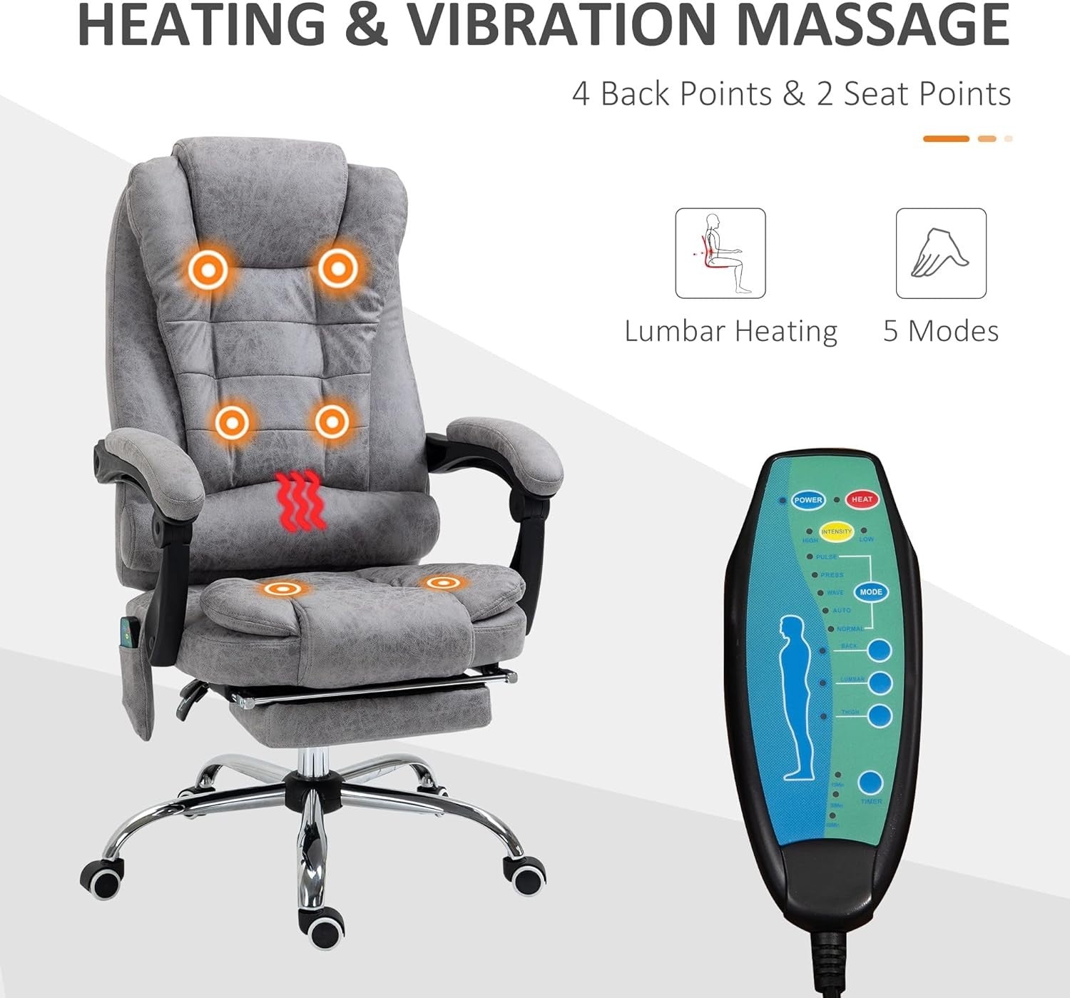 Massage Office Chair Recliner Heated Lumbar Support Desk PC Gaming Seat Grey - Kwikley