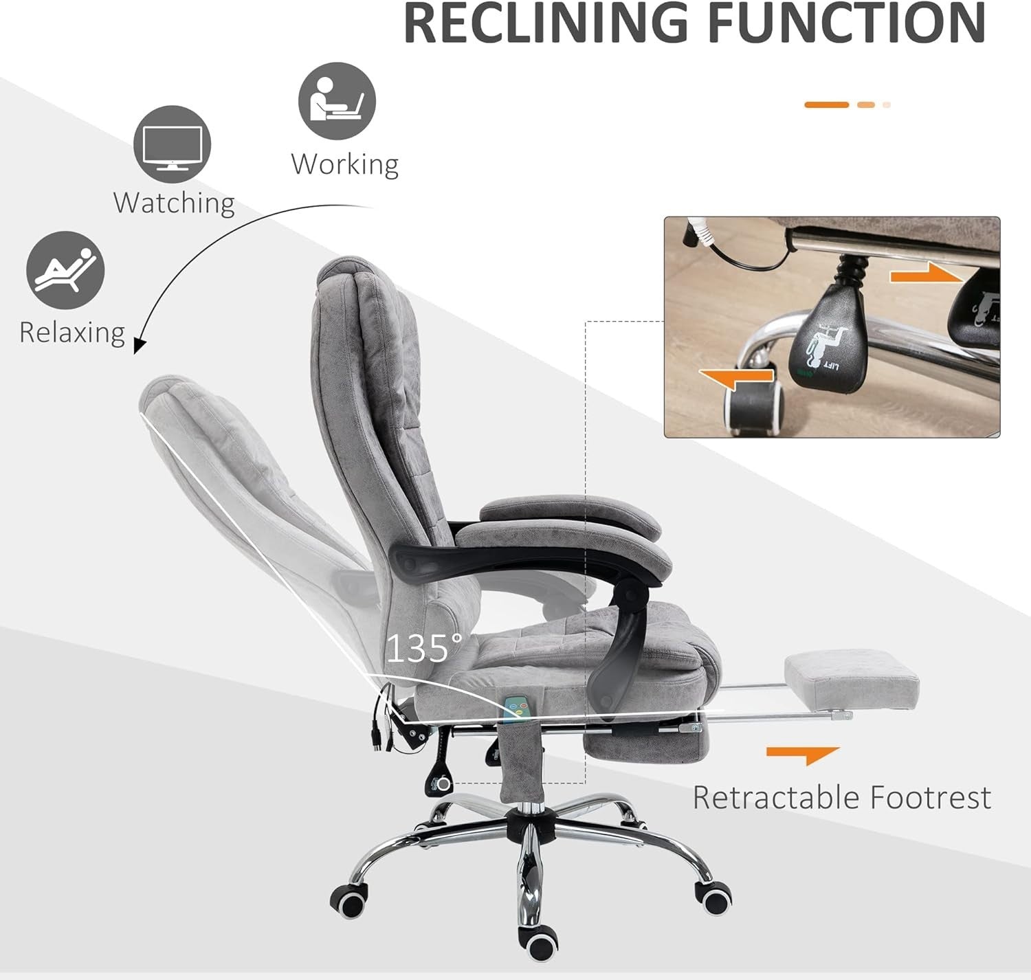 Massage Office Chair Recliner Heated Lumbar Support Desk PC Gaming Seat Grey - Kwikley