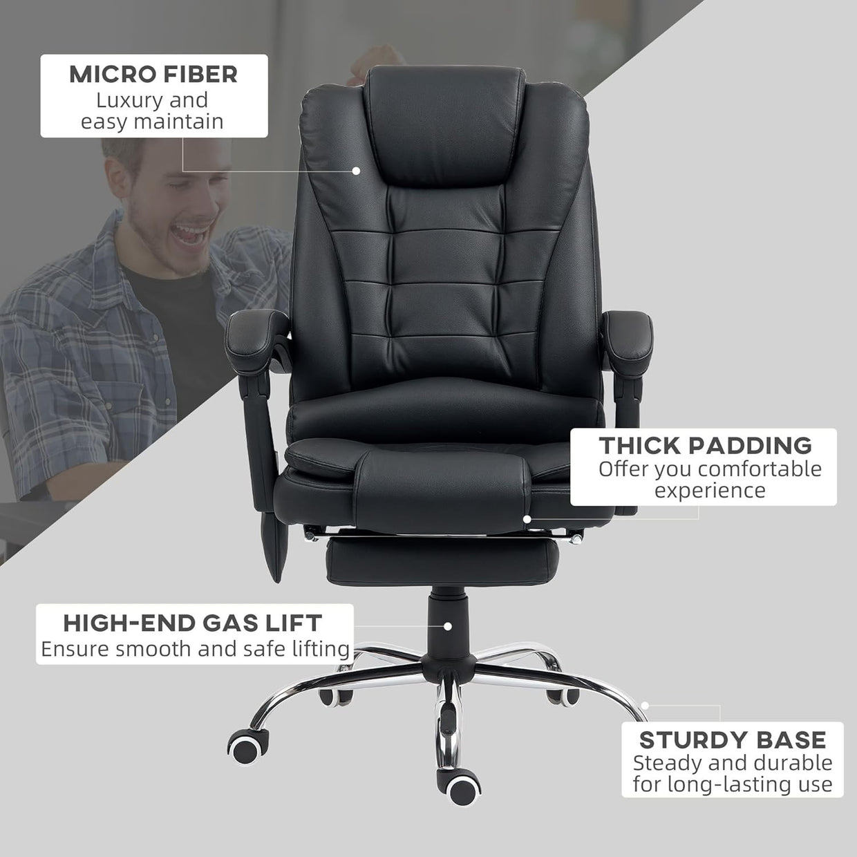 Massage Office Chair Recliner Heated Seat Faux Leather High Back Footrest Black - Kwikley