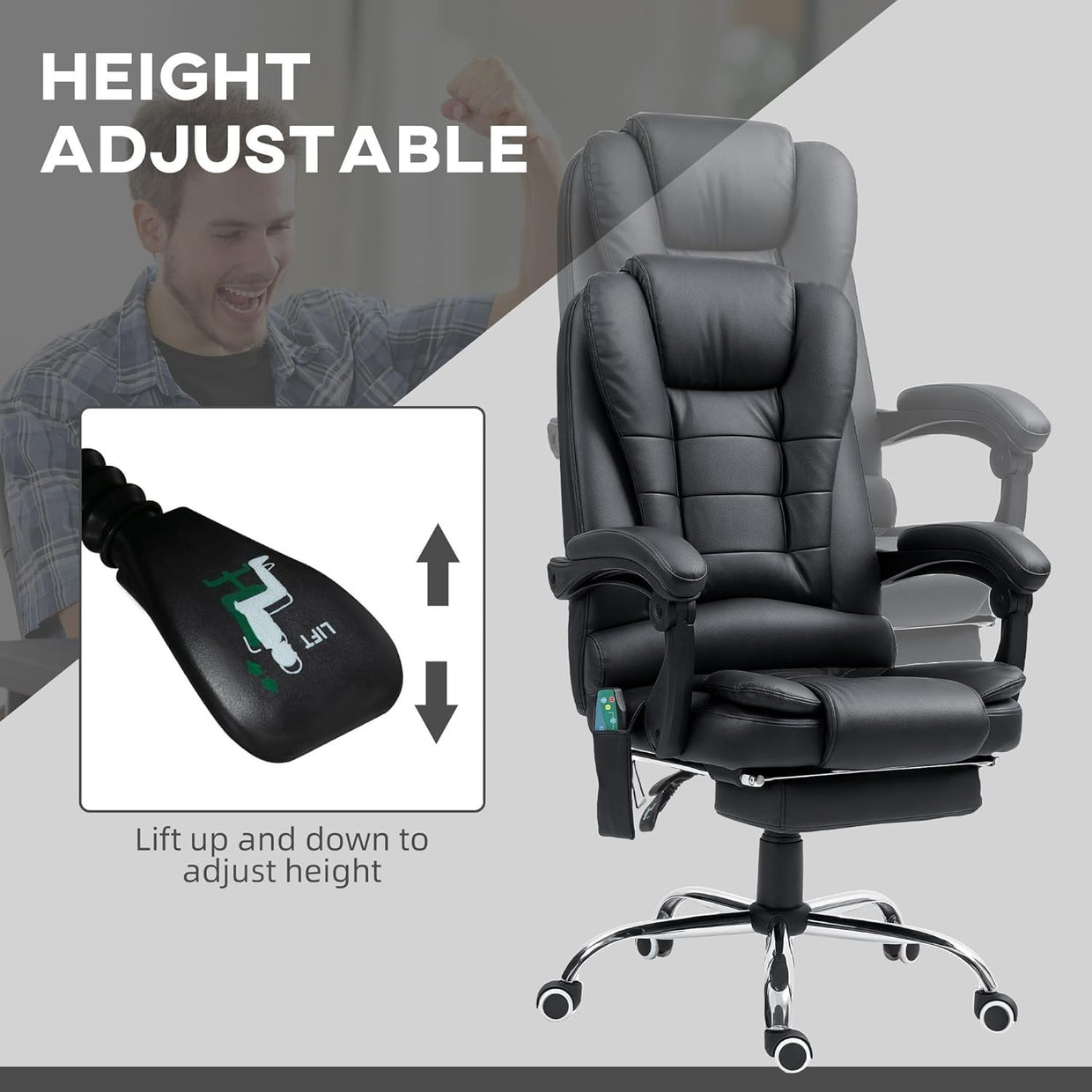Massage Office Chair Recliner Heated Seat Faux Leather High Back Footrest Black - Kwikley