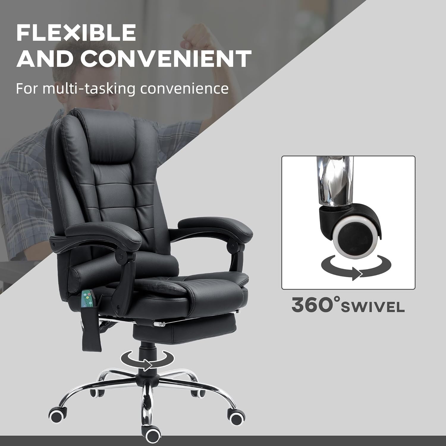 Massage Office Chair Recliner Heated Seat Faux Leather High Back Footrest Black - Kwikley