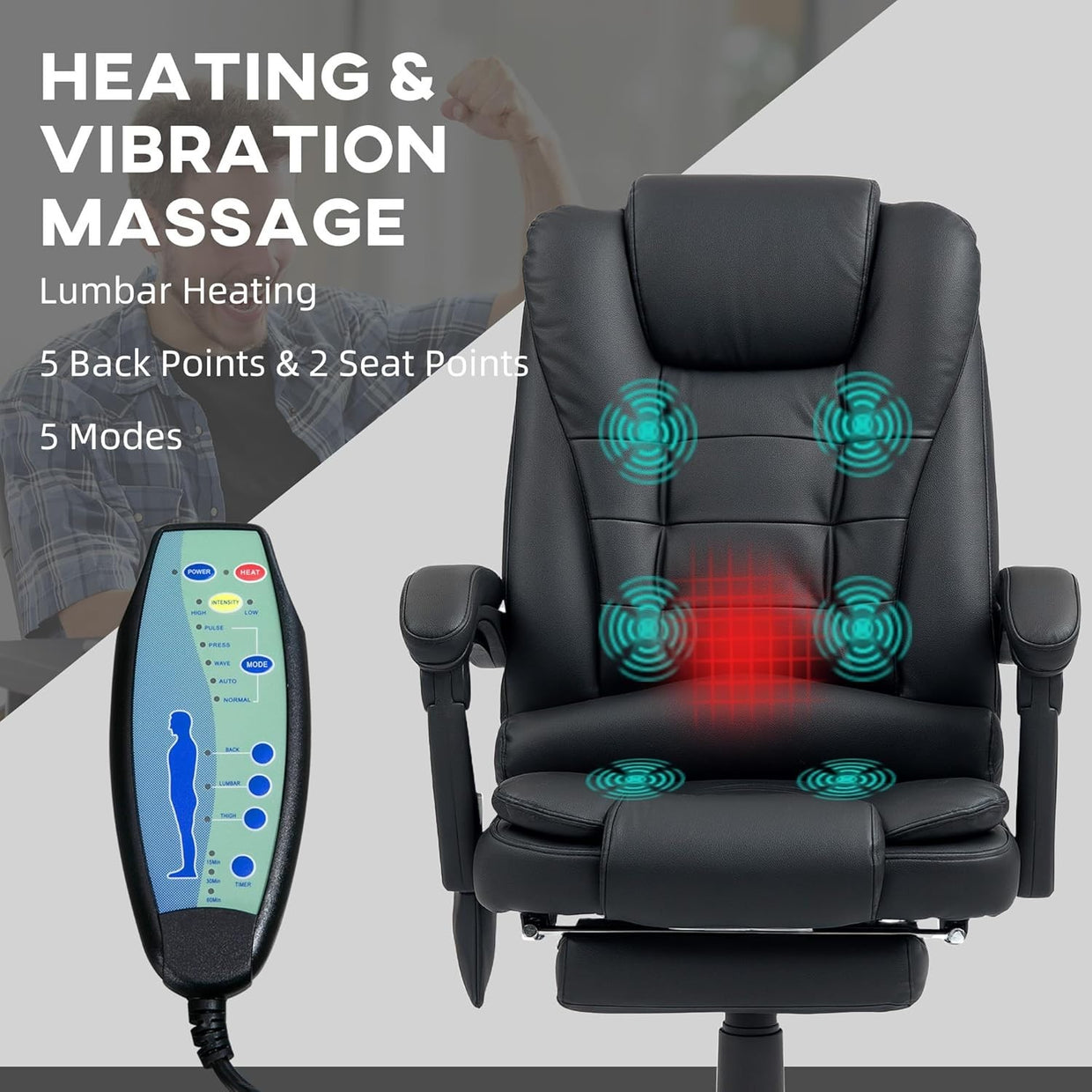 Massage Office Chair Recliner Heated Seat Faux Leather High Back Footrest Black - Kwikley