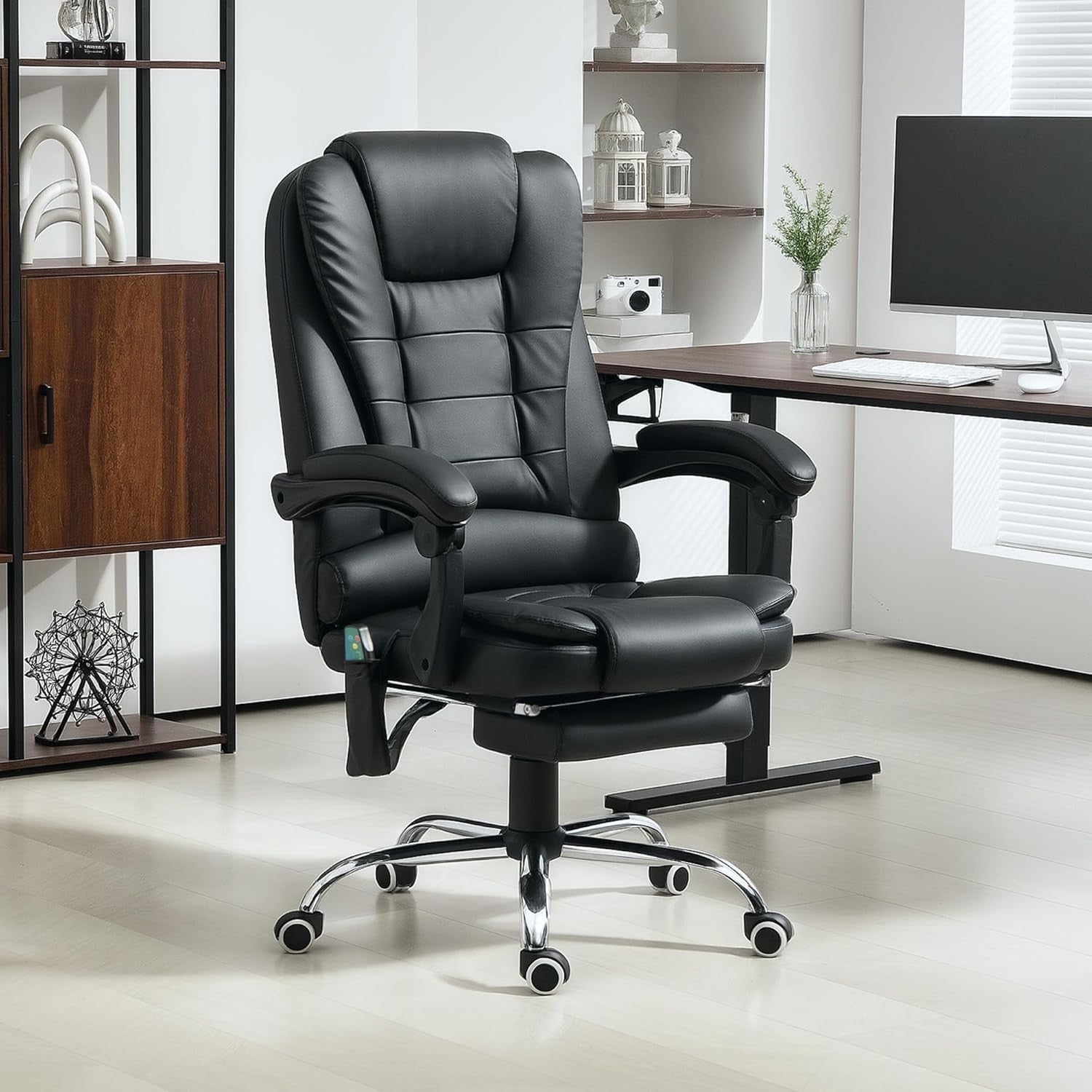 Massage Office Chair Recliner Heated Seat Faux Leather High Back Footrest Black - Kwikley