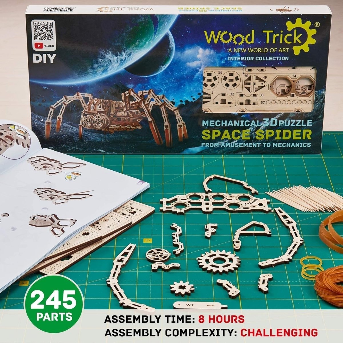 Mechanical Spider 3D Wooden Puzzle Kit 245PCS Rubber Band Powered DIY - Kwikley