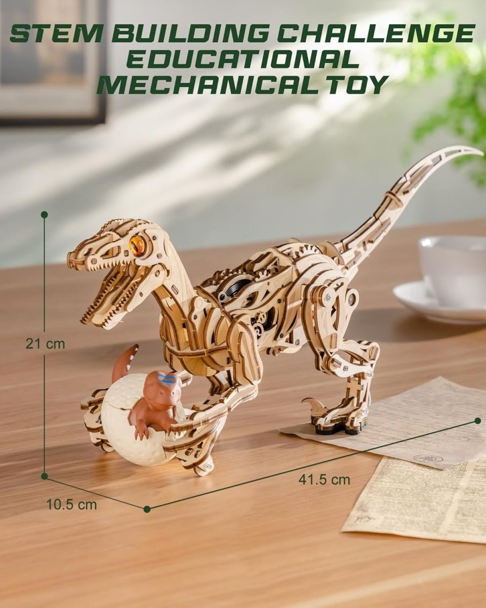 Mechanical Velociraptor 3D Wooden Puzzle Wind Up Dinosaur Model Kit - Kwikley