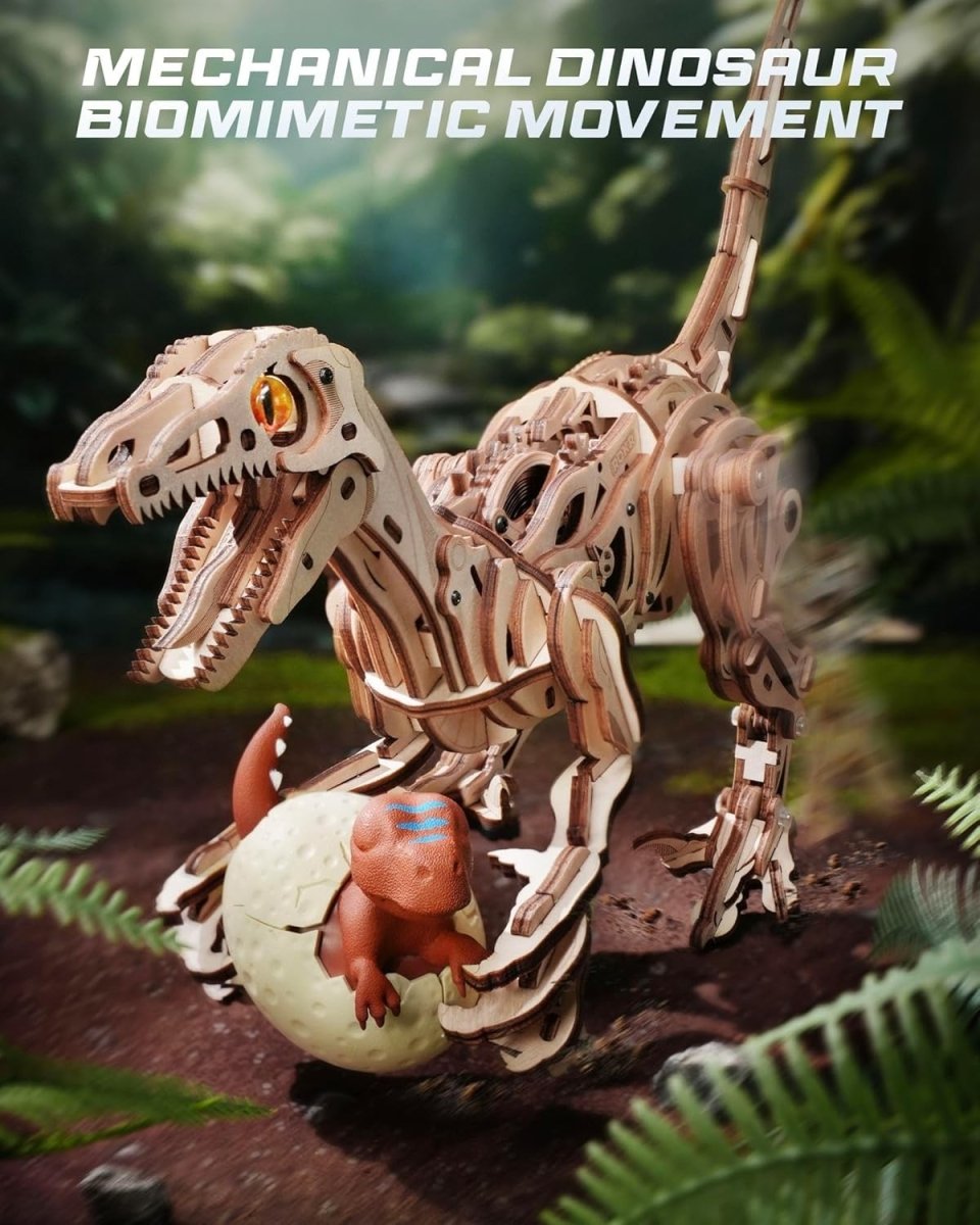 Mechanical Velociraptor 3D Wooden Puzzle Wind Up Dinosaur Model Kit - Kwikley