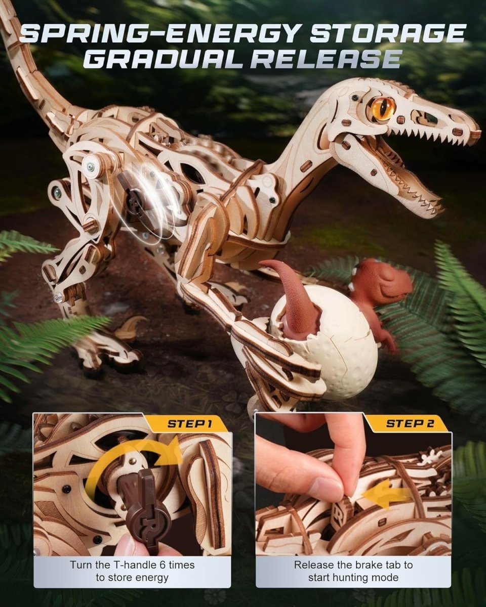 Mechanical Velociraptor 3D Wooden Puzzle Wind Up Dinosaur Model Kit - Kwikley