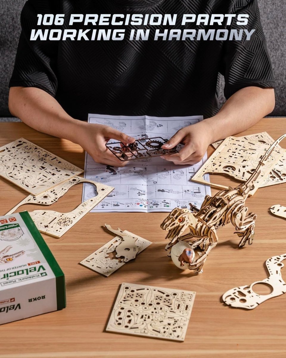 Mechanical Velociraptor 3D Wooden Puzzle Wind Up Dinosaur Model Kit - Kwikley