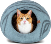 Medium Felt Cat Cave Bed Handmade Merino Wool Indoor Cat House Aqua - Kwikley