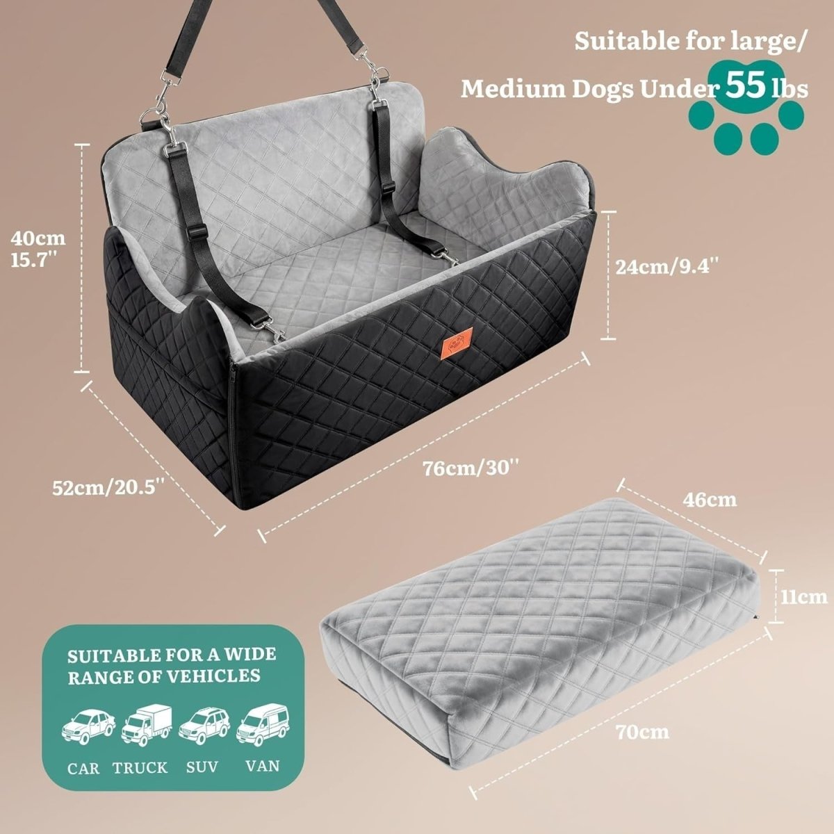 Medium Large Dog Booster Car Seat Plush Travel Bed Washable 55lb - Kwikley