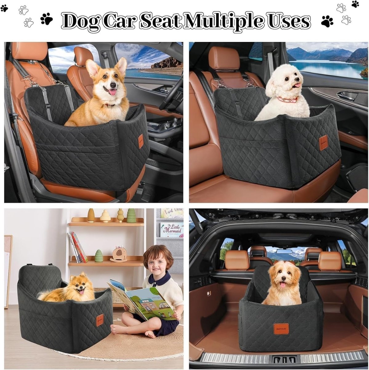 Memory Foam Dog Booster Car Seat Washable Pet Travel Bed 35lb Black - Kwikley